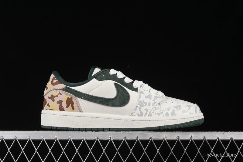 Nike Travis Scott x Fragment Design x Air Jordan 1 Low OG SP AJ1 Bape Collaboration - Camo Green Low Top Casual Sneakers - JH6088-614