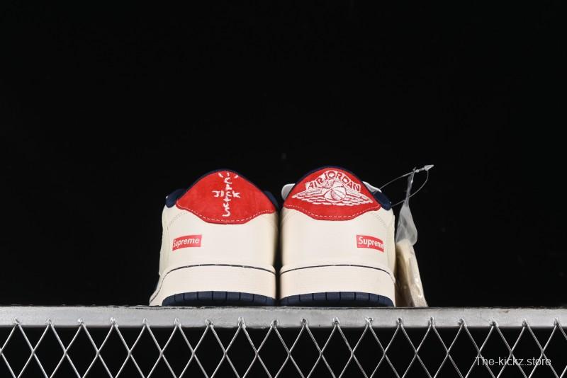 Nike Travis Scott x Fragment Design x Air Jordan 1 Low OG SP AJ1 Supreme Collaboration - Deep Blue Red Culture Casual Sneakers - XY2688-122