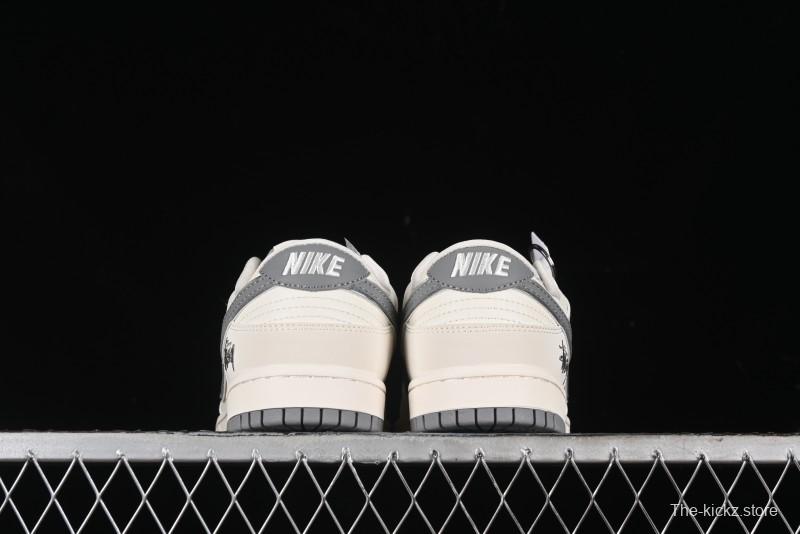 Nike SB Dunk Low Stussy Collaboration - Off White Dark Grey Swoosh Anniversary Custom Low-Top Casual Skate Shoes - DQ1098-382