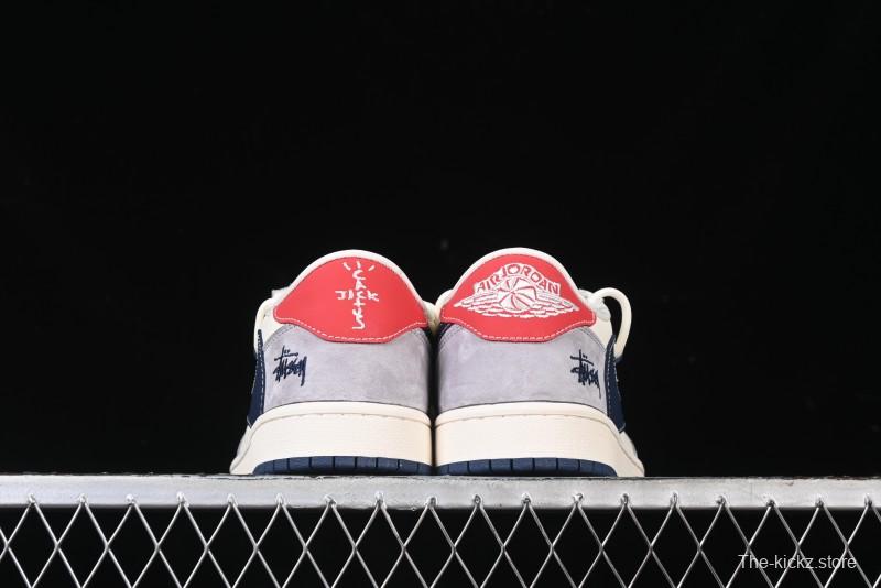 Nike Travis Scott x Fragment Design x Air Jordan 1 Low OG SP AJ1 Stussy Collaboration - Grey Blue Hook Lace Low Top Casual Sneakers - SJ0086-140
