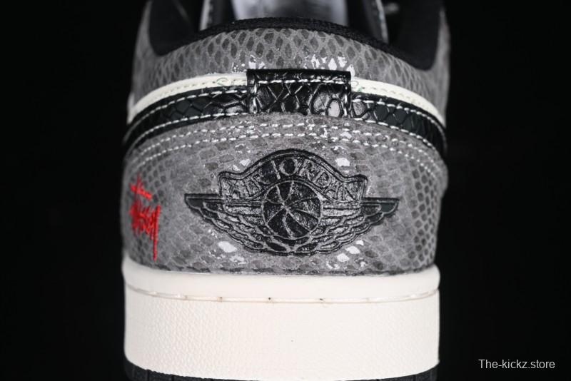 Nike Air Jordan 1 Low Retro Basketball Shoes with Custom Stussy Grey Snake Design - FC1688-202