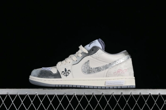 Nike Air Jordan 1 Low AJ1 Panda Prank Modern Gray Floral Low-Top Casual Sneakers - 553560-053
