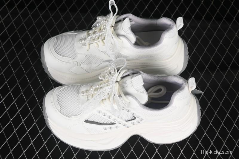 GG-CC Lace Pearl Chain Casual Platform Dad Shoes - 250310 White