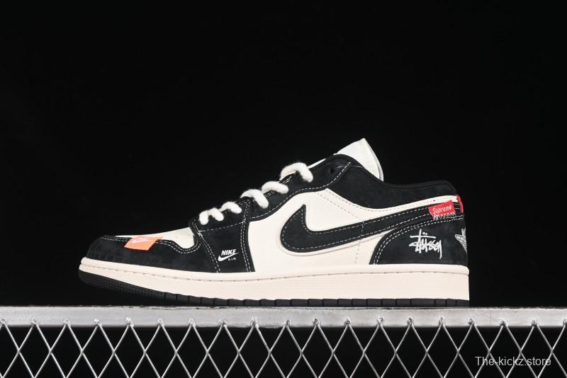 Nike Air Jordan 1 Low Stussy Collaboration Retro Basketball Shoes in Beige Black Yellow - YX5066-302