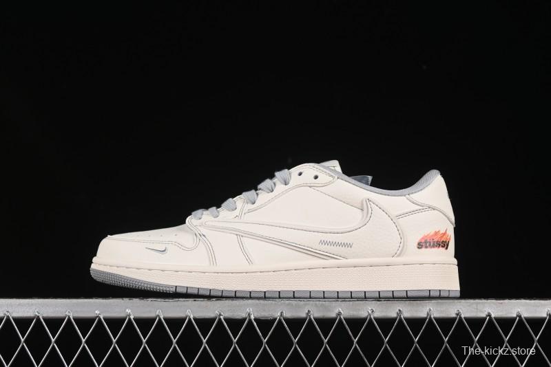 Nike Travis Scott x Fragment Design x Air Jordan 1 Low OG SP AJ1 Stussy Collaboration Light Grey Flame Low-top Casual Sneakers - ZH2598-228