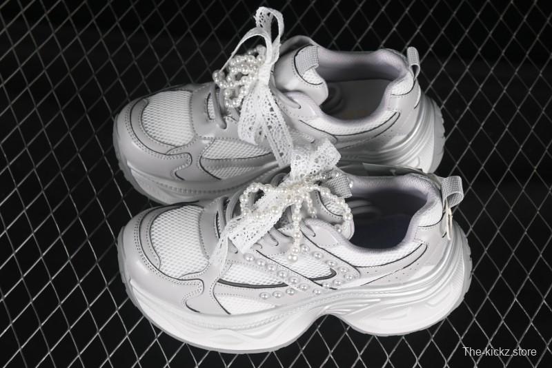 GG-CC Lace Pearl Chain Casual Platform Dad Shoes - 250310 Silver