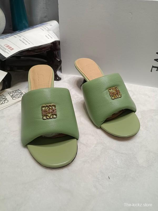 2025 Women Loewe Green Leather Slippers