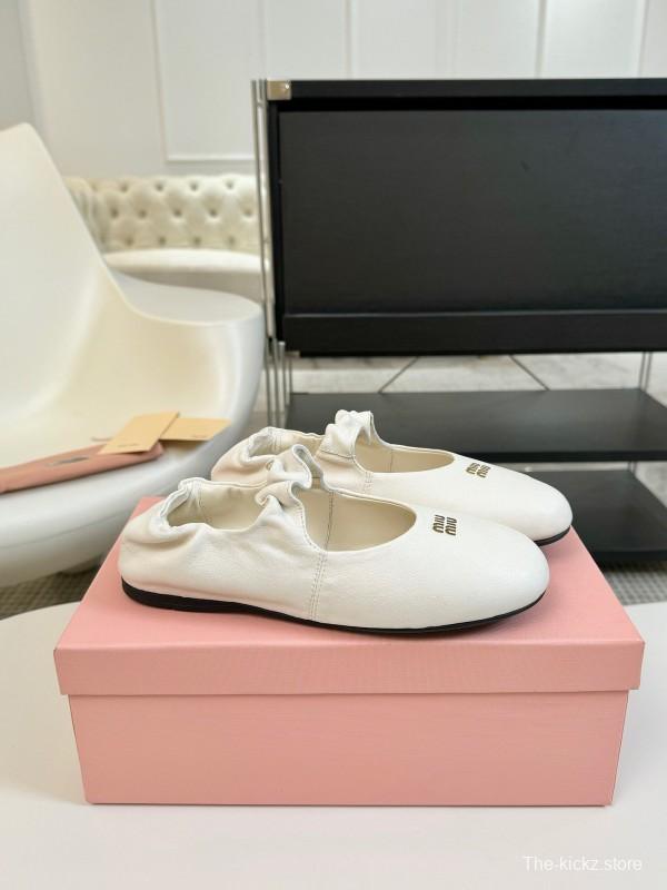 2025 Women Miu Miu White Leather Ballet Flats