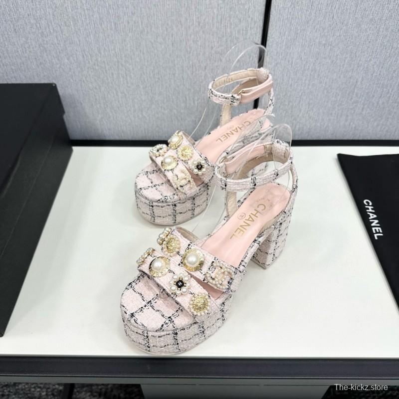 2025 Women Chanel Pink Black Wool Platform Sandals MJ00310