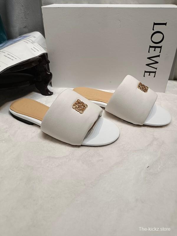 2025 Women Loewe White Leather Slippers LY00260