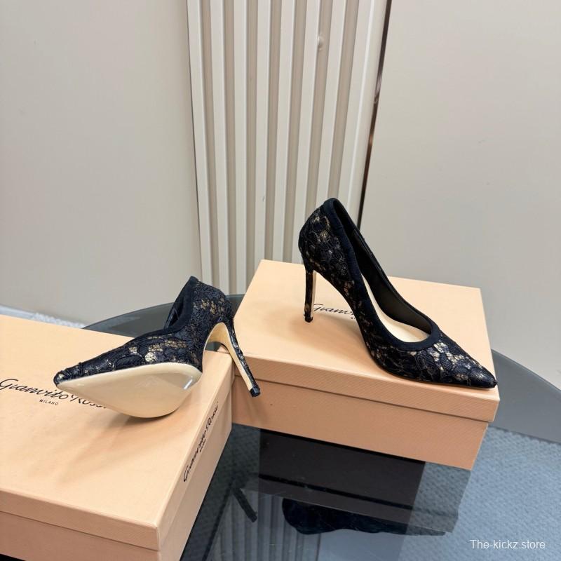 2025 Women Gianvito Rossi Black Lace Leather High Heel KFY00280