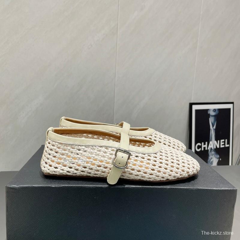 2025 Women Alaïa White Leather Woven Mary Jane Flat Shoes LY00360(F)