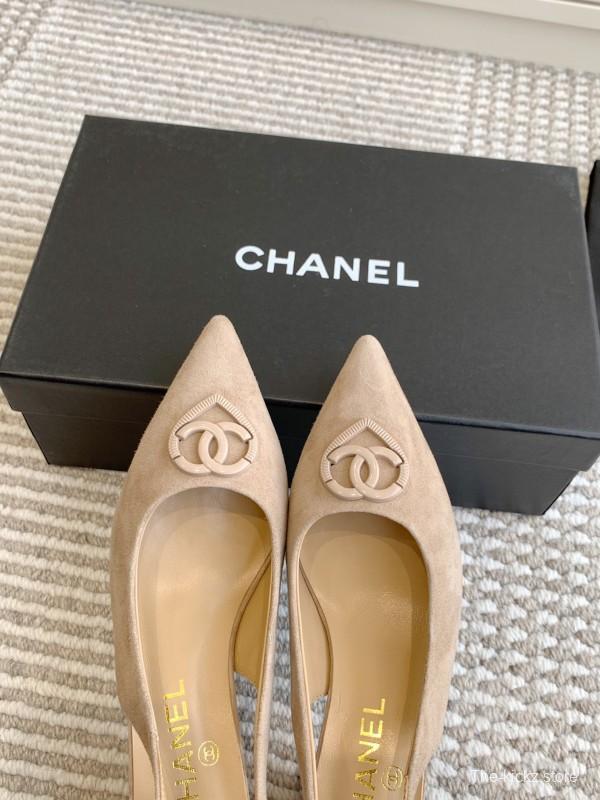 2025 Women Chanel Beige Suede Slingback Pointed Toe Heart CC Sandals