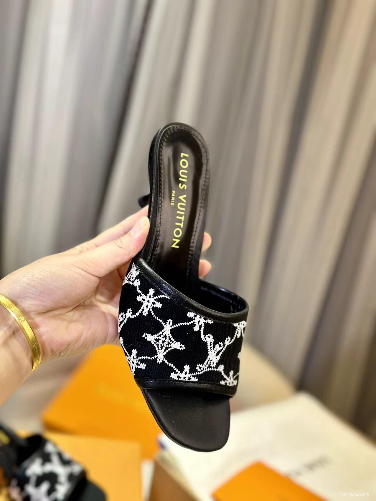 2025 Women Louis Vuitton Black White Embroidered Leather High Heel LY00250