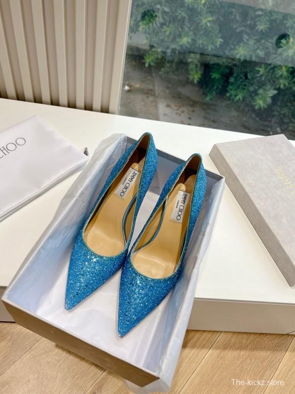2025 Women Jimmy Choo Blue Glitter Leather Pumps