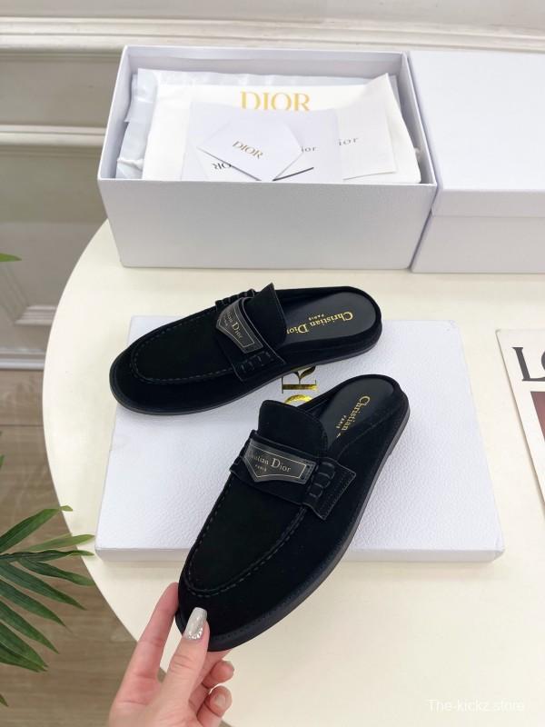 2025 Women Dior Black Leather Slip-On Loafers Crafted With Original Rubber Sole KFY00300(F)