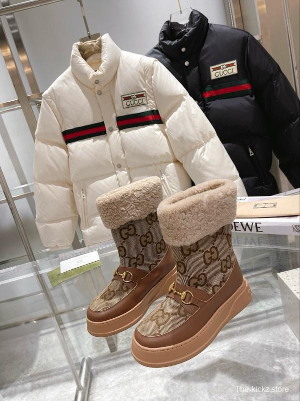 2024 Women Gucci brown leather sheep wool snow boots MJ00420
