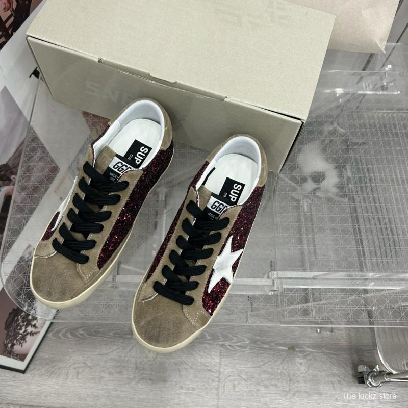 2025 Women GGDB Burgundy White Suede Glitter Sneakers