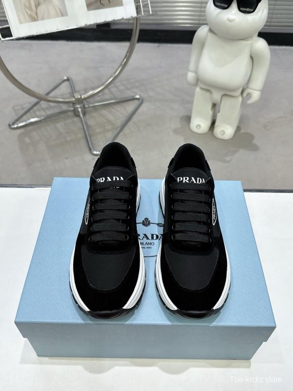 2025 Women Prada Black Leather Mesh Sneakers KFY00310