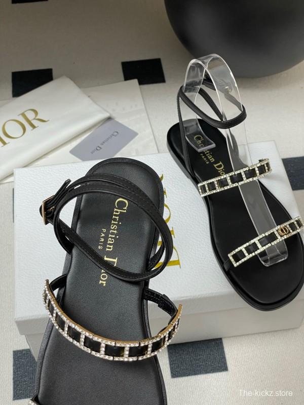 2025 Women Dior Black Crystal Embellished Leather Flat Sandals