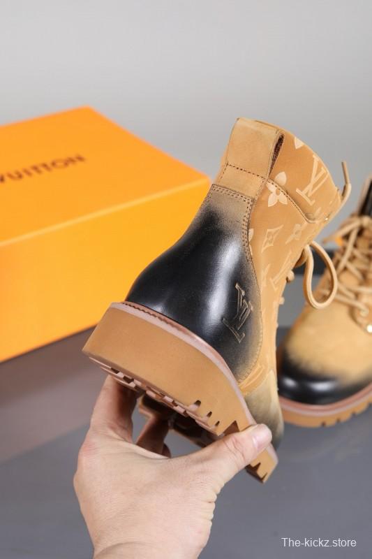 2024 Men Louis Vuitton Beige Black Leather Canvas Boots MJ00470