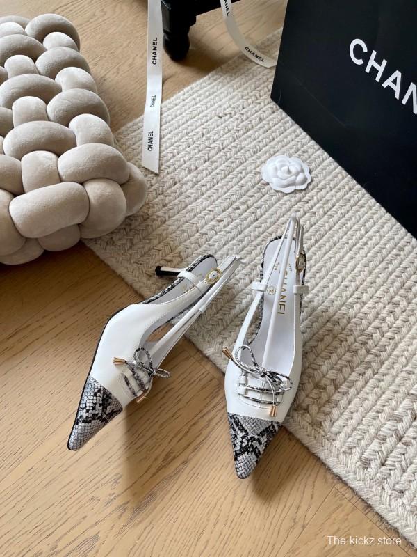 2025 Women Chanel White Black Python Leather Slingback Heels