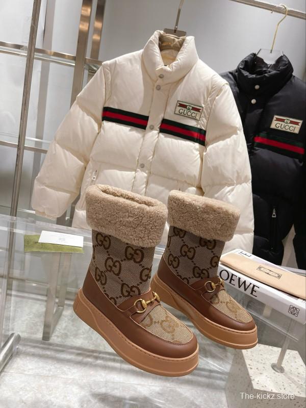 2024 Women Gucci brown leather sheep wool snow boots MJ00420