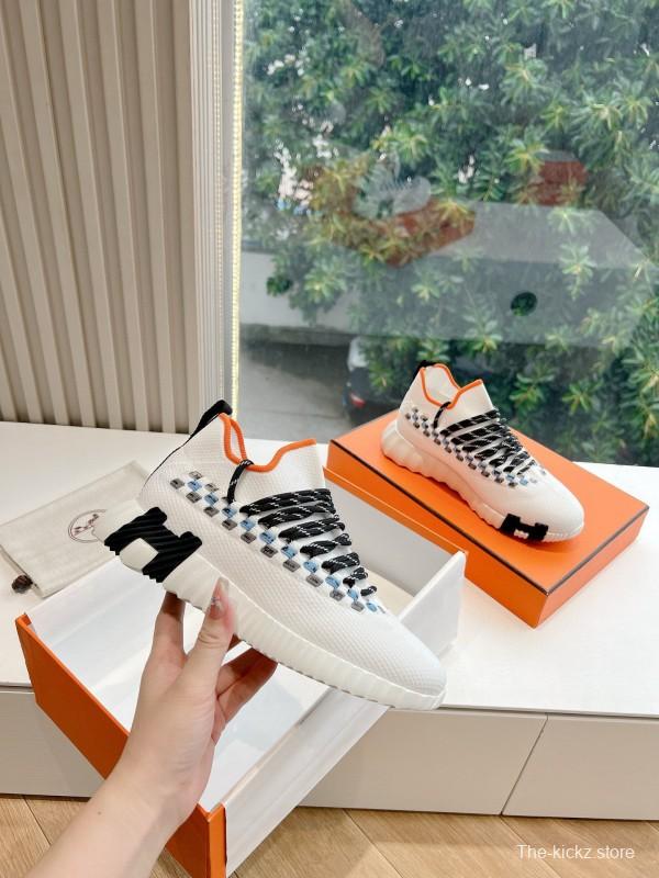 2024 Unisex Hermès White Black Orange Calf Suede Sneakers MJ00290