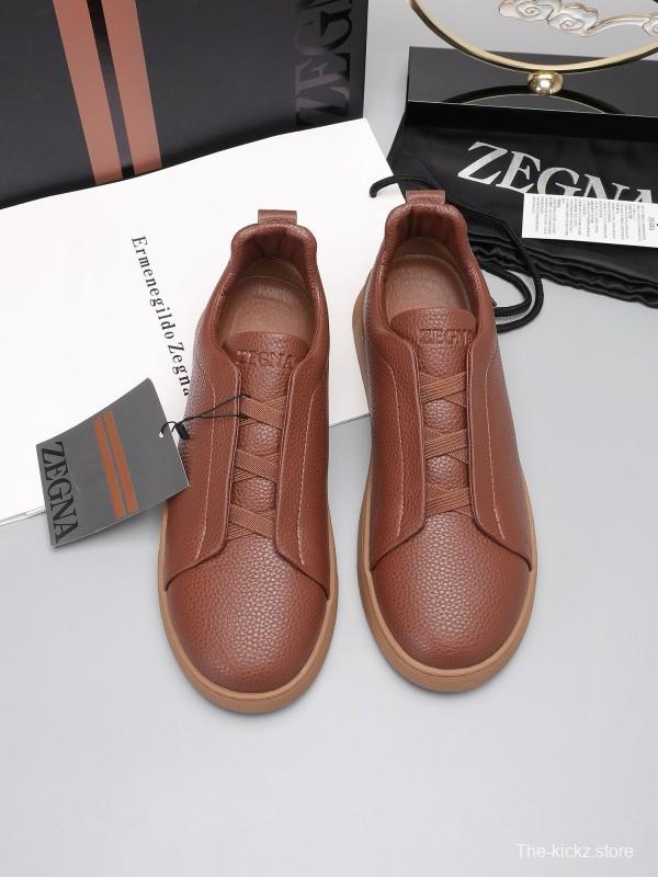 2024 Men Ermenegildo Zegna Brown Leather Low Top Sneakers MJ00240
