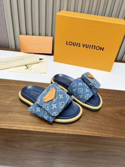 2025 LV Blue Denim Leather Slippers
