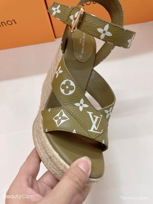 2025 Women Louis Vuitton Pink Beige Green Leather Denim Espadrilles Sandals MJ00280