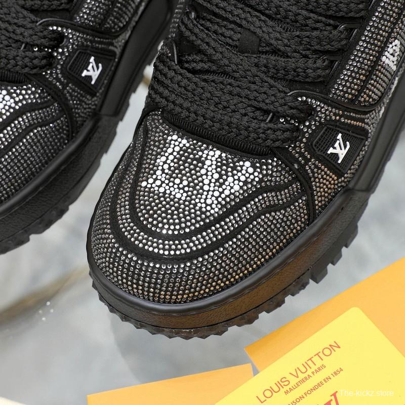 2024 Unisex Louis Vuitton Black Rhinestone Leather LV Trainer Sneakers MJ00430