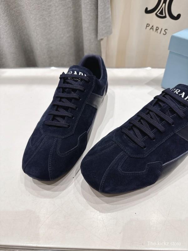 2025 Unisex Prada Navy Blue Suede Casual Shoes KFY00300