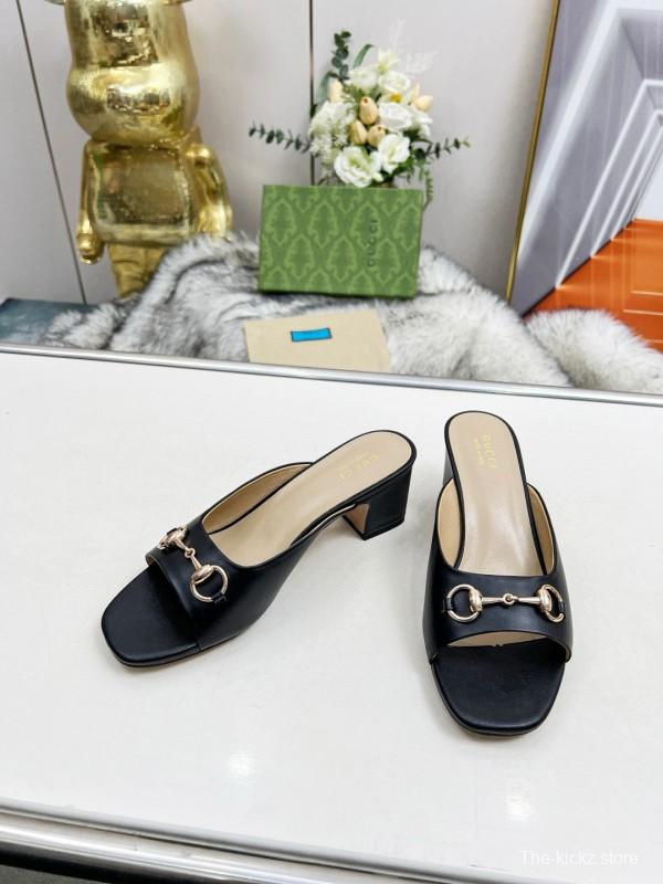 2025 Women Gucci Black Leather Mules Classic Buckle MJ00180