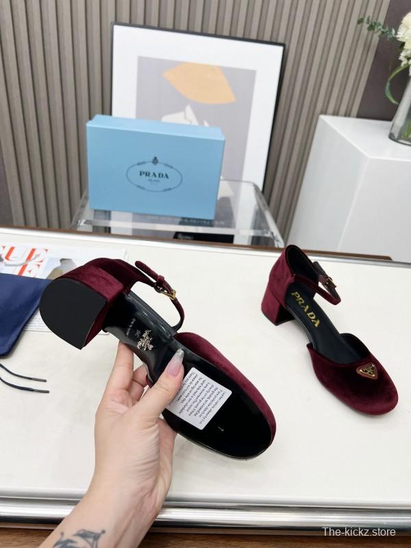 2025 Women Prada Burgundy Velvet Mary Jane Buckle KFY00270