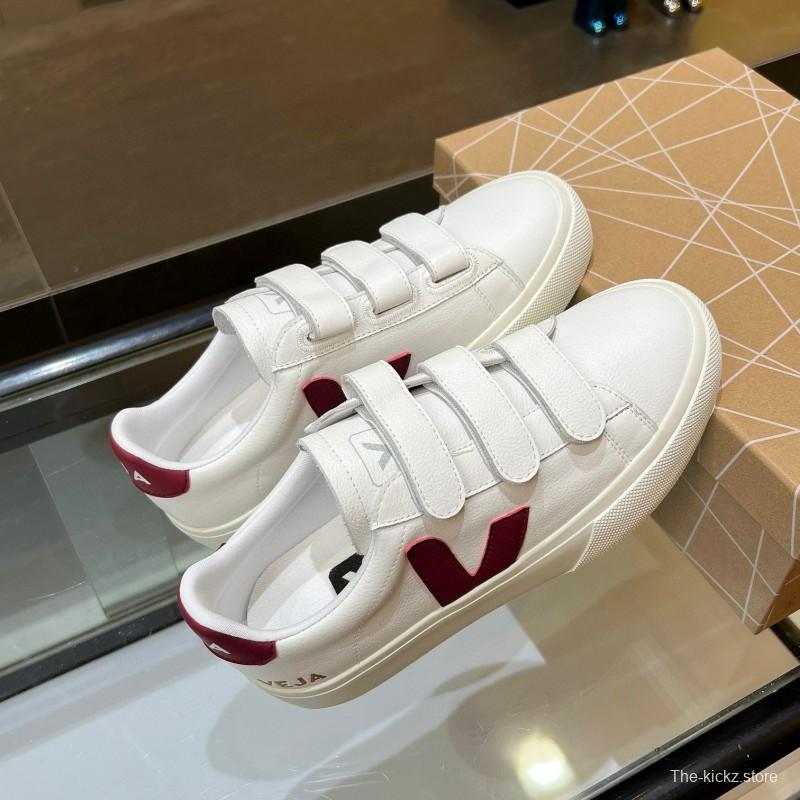2025 Unisex VEJA White Burgundy Leather Canvas Sneakers MJ00240
