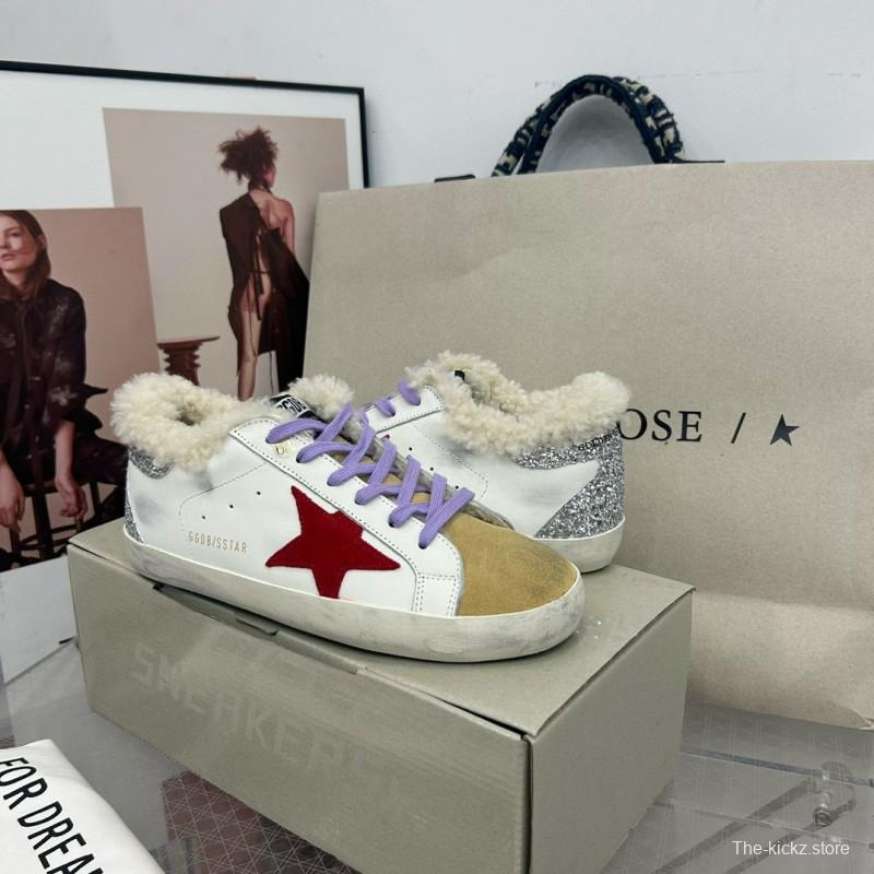 2025 Women GGDB White Red Shearling Leather Sneakers