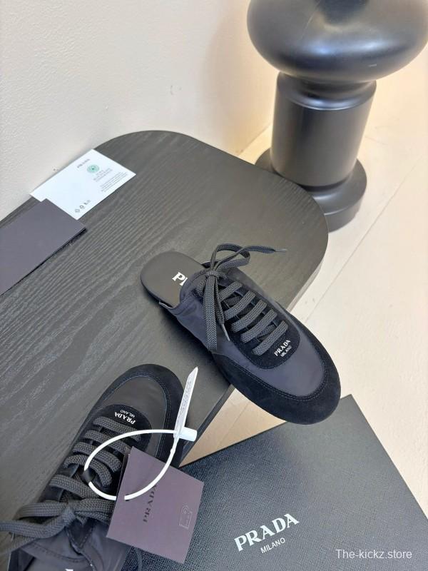 2025 Women Prada Black Suede Nylon Casual Lace-up Shoes