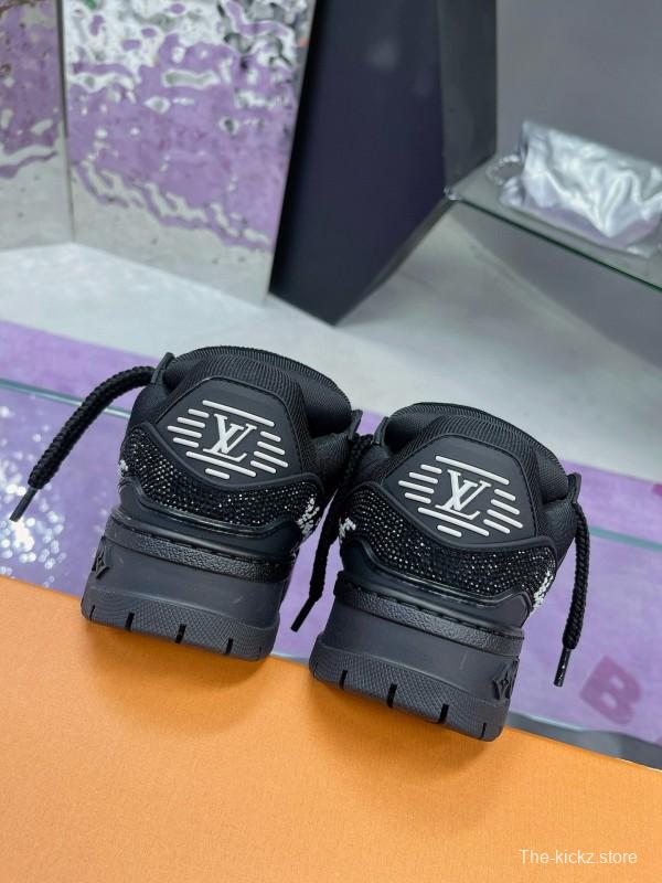 2024 Kids Louis Vuitton Black Rhinestone Fabric LV Trainer