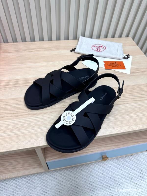 2025 Slippers Hermès Black Leather Sandals