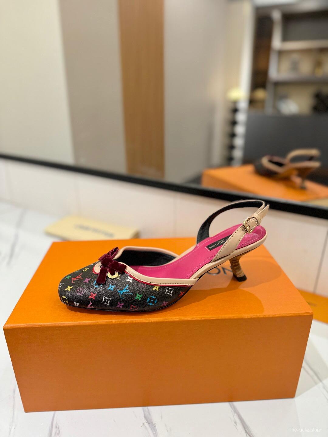 2025 Women Louis Vuitton Multicolor Black Leather Slingback Kitten Heel KFY00310