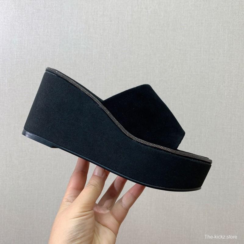 2025 Women BRUNELLO CUCINELLI Black Suede Platform Slide Sandals Casual Craftsmanship KFY00275(F)