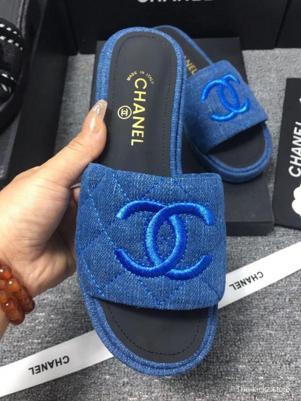 2025 Women Chanel Blue Fabric Slippers LY00000
