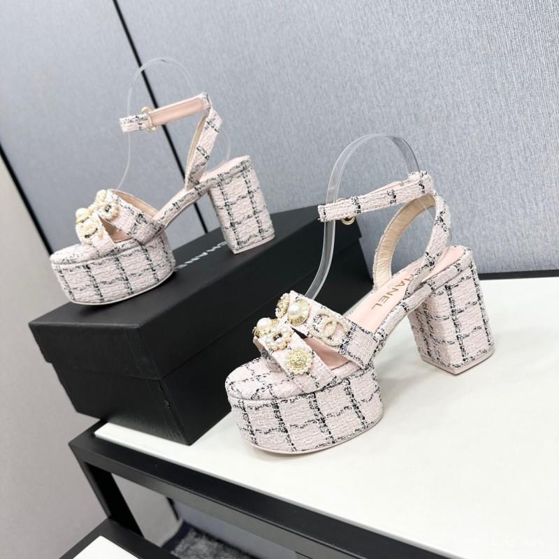 2025 Women Chanel Pink Black Tweed Platform Sandals