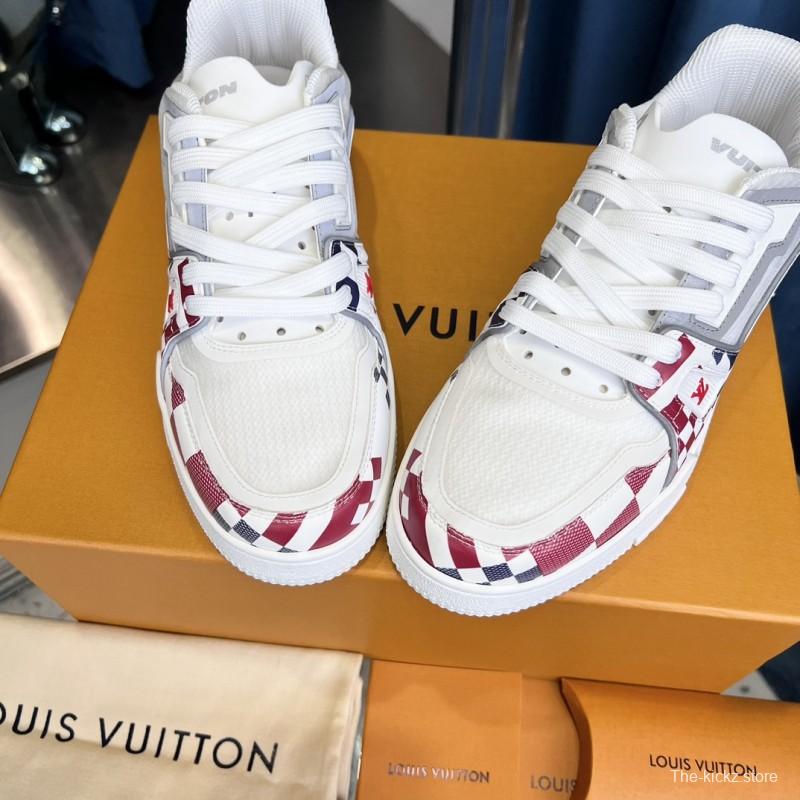 2025 Unisex Louis Vuitton White Red Blue Leather LV Trainer