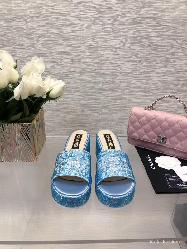 2025 Women Chanel Blue Fabric Platform Slippers LY00320