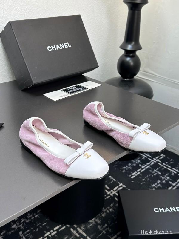 2025 Women CHANEL White Purple Leather Bow Ballet Flats Unisex LY00360(F)