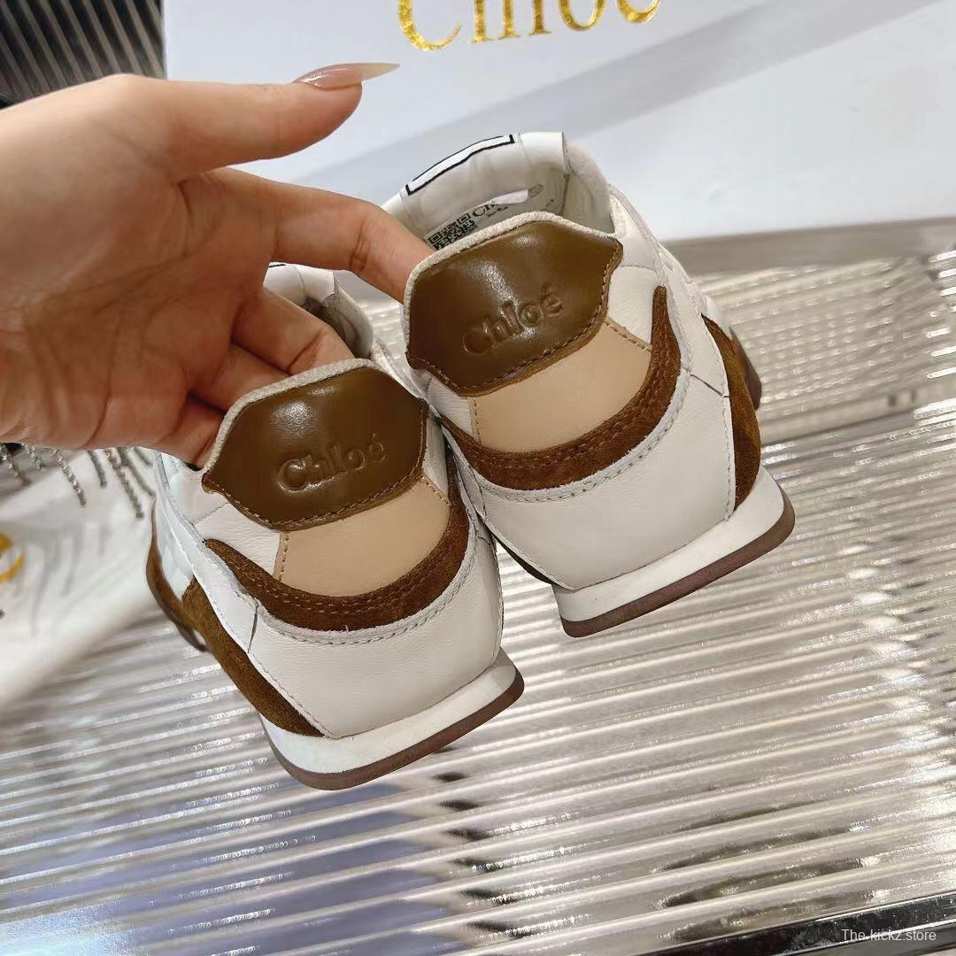 2025 Women Chloé White Brown Leather Suede Sneakers LY00300