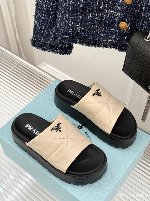 2025 Women Prada Beige Leather Platform Sandals