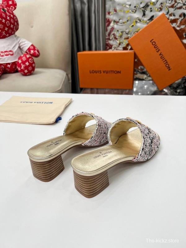 2025 Women Louis Vuitton Pink White Tweed Leather Heeled Mules LY00220